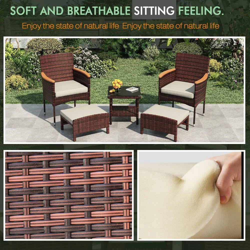 5 PCS Outdoor Patio Furniture Set with Table&Ottoman Outdoor Furniture Patio Set Bistro Wicker Patio Set