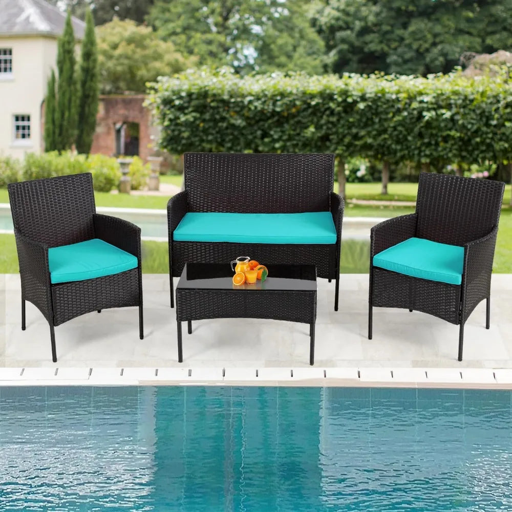 4-Piece Outdoor Wicker Patio Conversation Furniture Set for Backyard W/Coffee Table, Seat Cushions, Patio Furniture Set