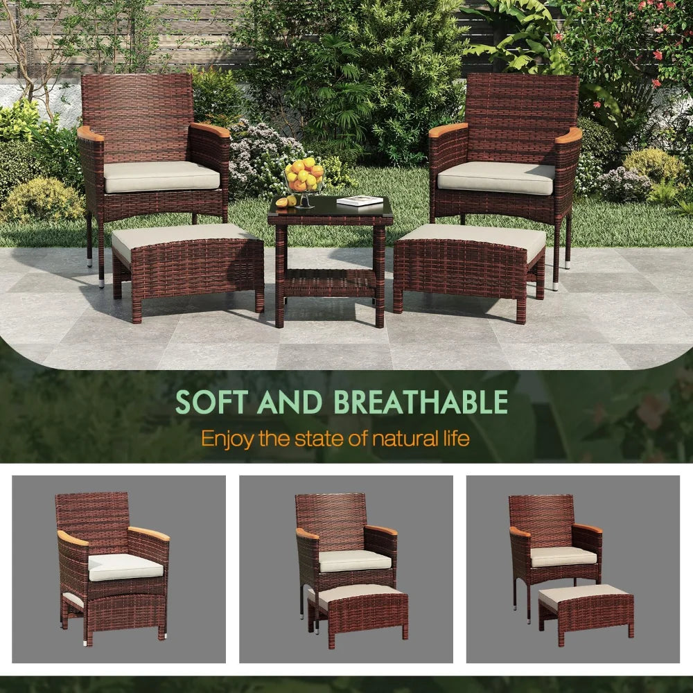 5 PCS Outdoor Patio Furniture Set with Table&Ottoman Outdoor Furniture Patio Set Bistro Wicker Patio Set