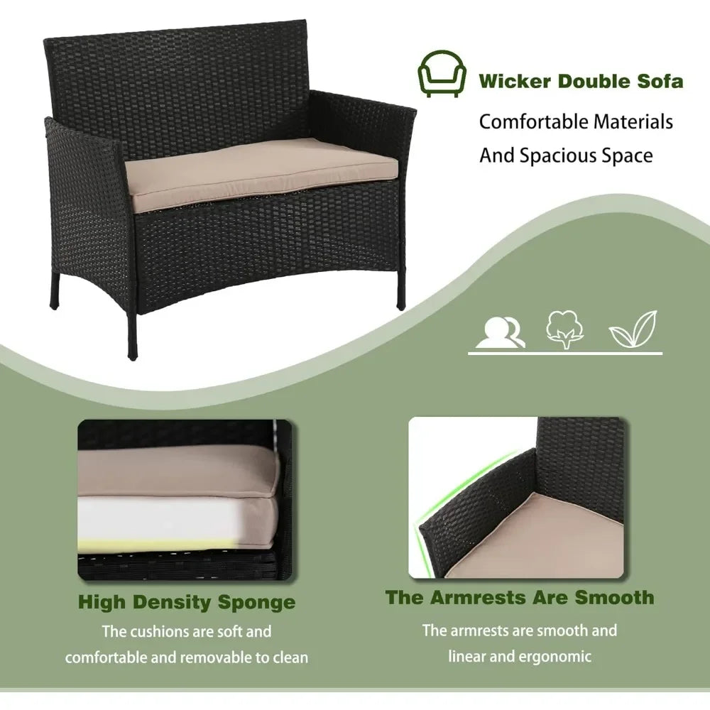 4-Piece Outdoor Wicker Patio Conversation Furniture Set for Backyard W/Coffee Table, Seat Cushions, Patio Furniture Set