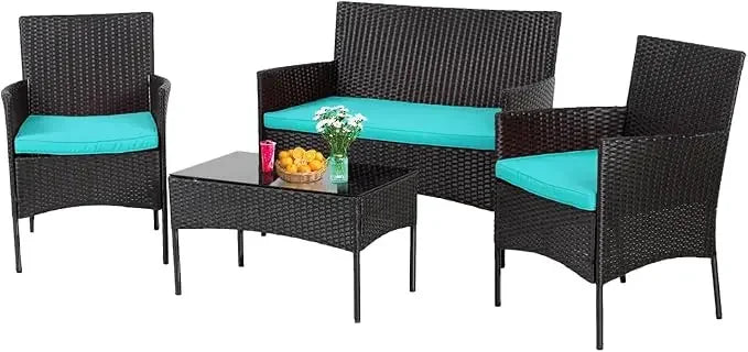 4-Piece Outdoor Wicker Patio Conversation Furniture Set for Backyard W/Coffee Table, Seat Cushions, Patio Furniture Set