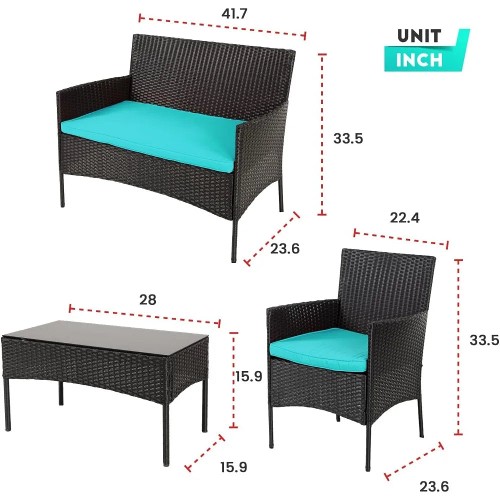 4-Piece Outdoor Wicker Patio Conversation Furniture Set for Backyard W/Coffee Table, Seat Cushions, Patio Furniture Set