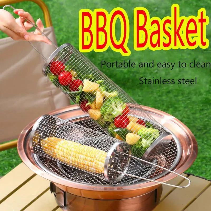 Rolling BBQ Grilling Basket Portable Stainless Steel BBQ Grill Basket Round BBQ Basket  Vegetables Shrimp Cooking Accessories